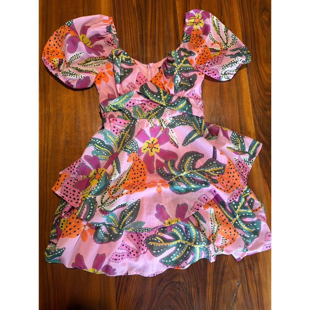 Crystal Sky Pink Tropical Leopard Print Ruffle Mini Dress Puff Sleeve XS
